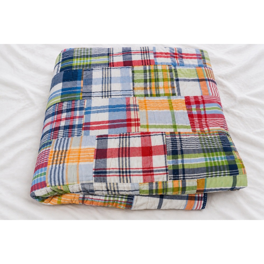 Pottery Barn Kids Queen Madras Plaid Patchwork Reversible Cotton Quilt